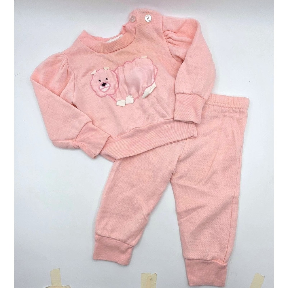 Vintage Hearts Pink Fleece Tracksuit Set Animal Applique 12 Months‎ Made in USA
